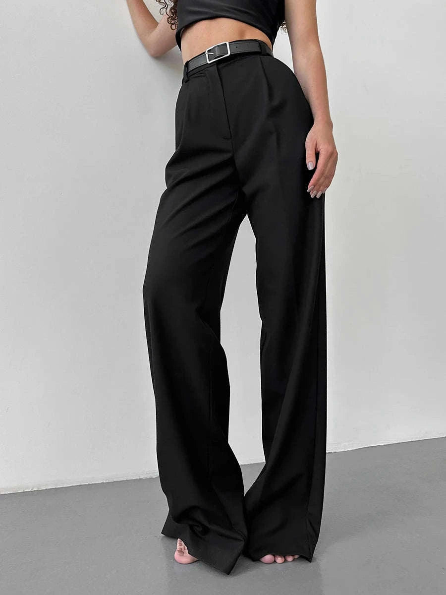 High Waist Pleated Wide Leg Work Pants with Pockets for Women-black / S