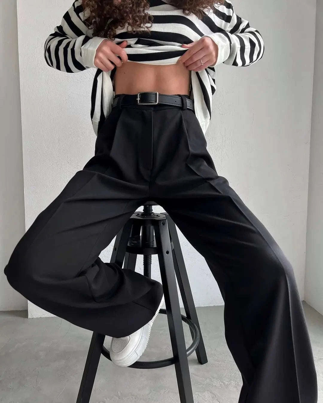 High Waist Pleated Wide Leg Work Pants with Pockets for Women-black / S