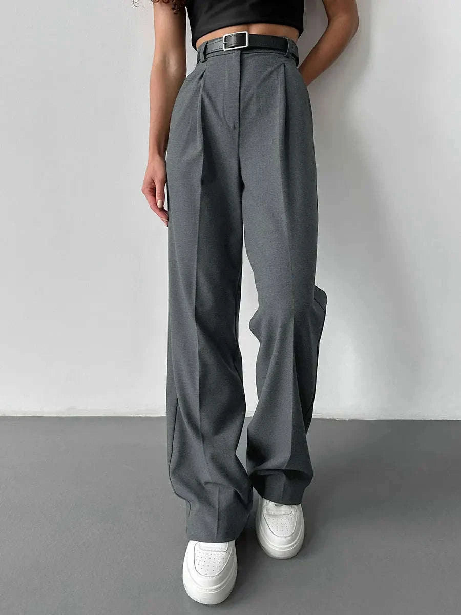High Waist Pleated Wide Leg Work Pants with Pockets for Women-black / S
