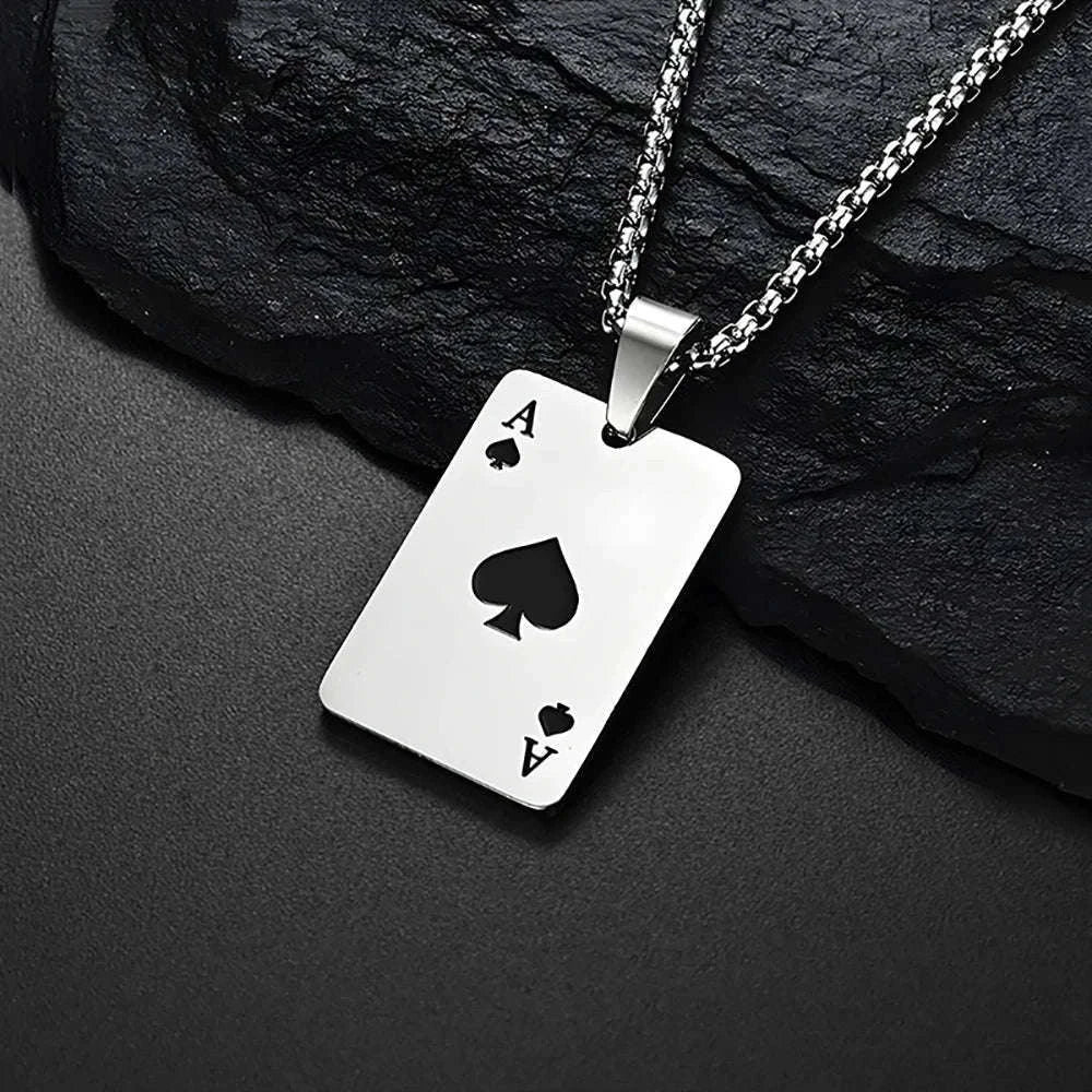 Hip Hop Poker Card Necklace for Men, Stainless Steel-Ace of spades