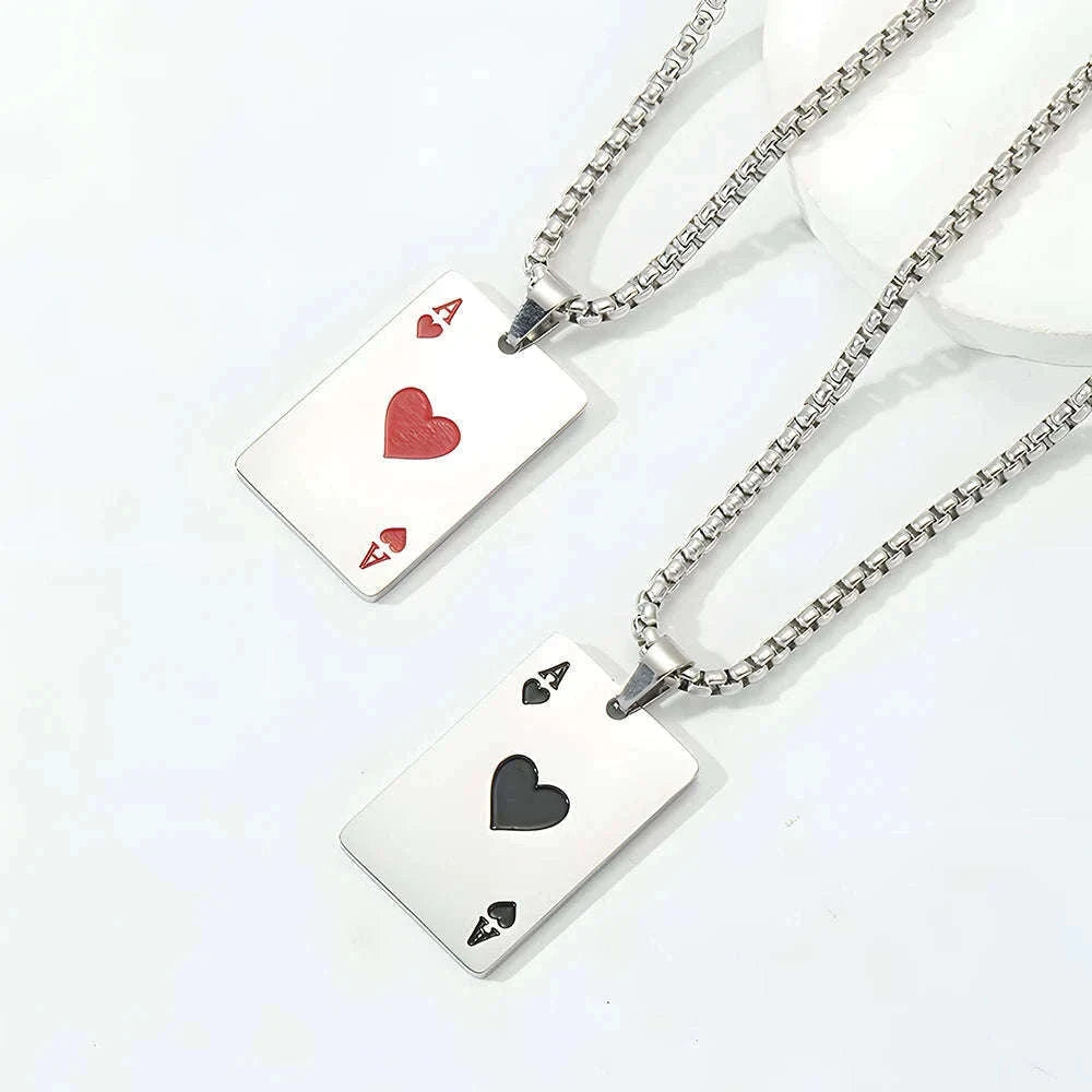 Hip Hop Poker Card Necklace for Men, Stainless Steel-Ace of spades