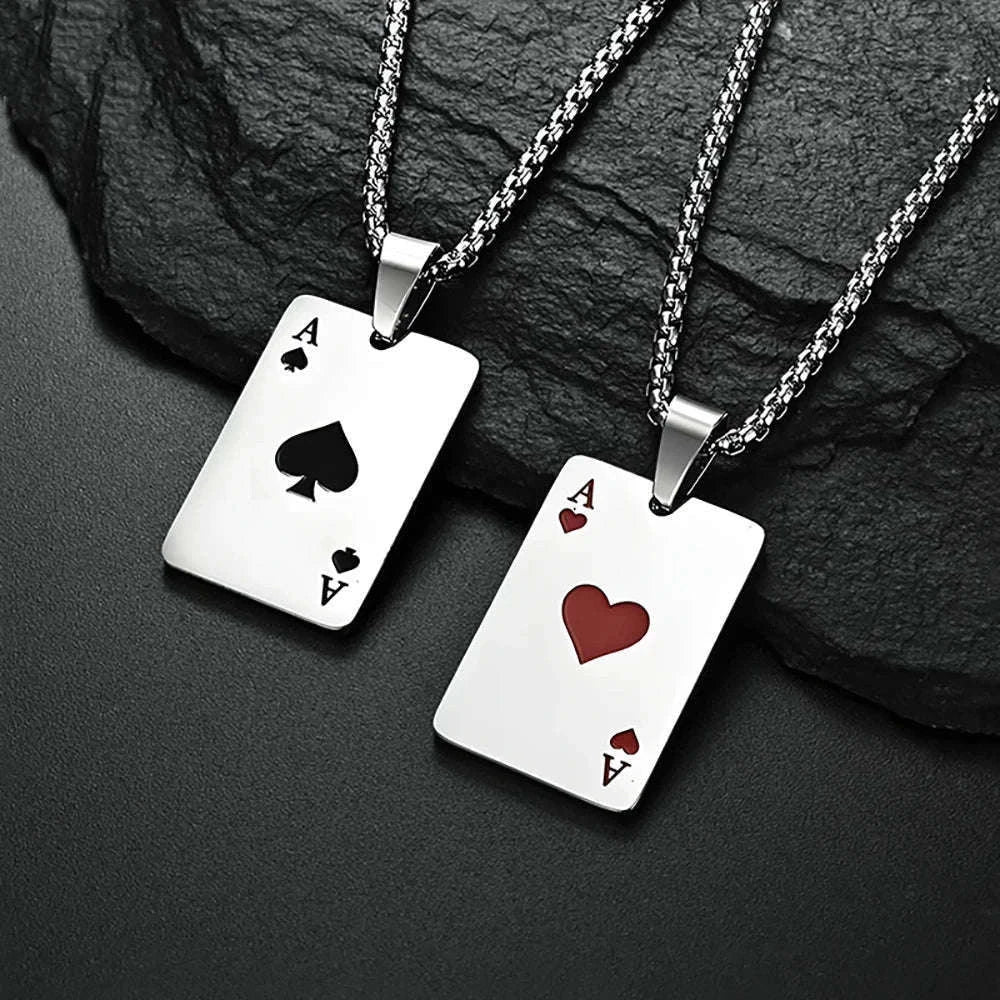 Hip Hop Poker Card Necklace for Men, Stainless Steel-Ace of spades