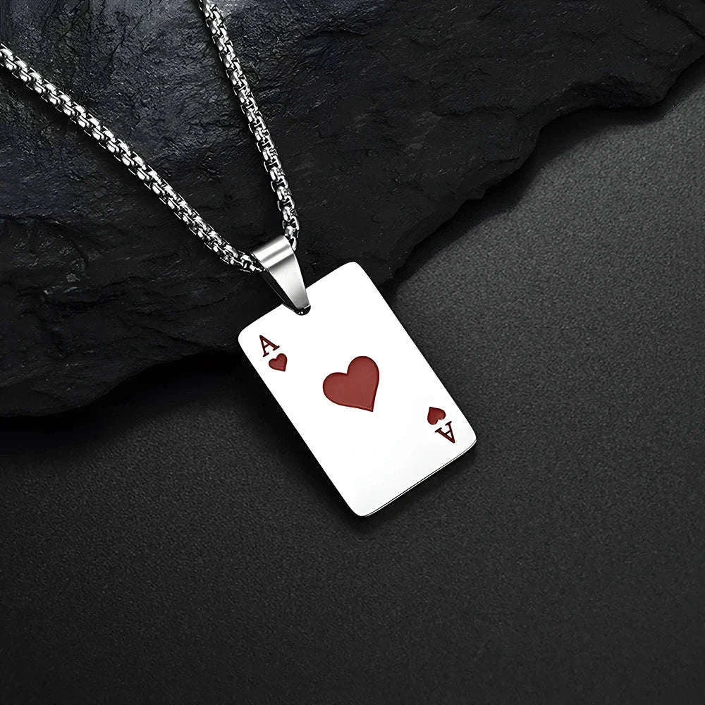 Hip Hop Poker Card Necklace for Men, Stainless Steel-Ace of spades