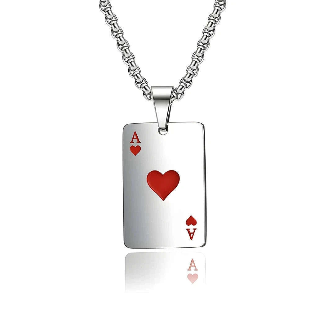 Hip Hop Poker Card Necklace for Men, Stainless Steel-Ace of spades