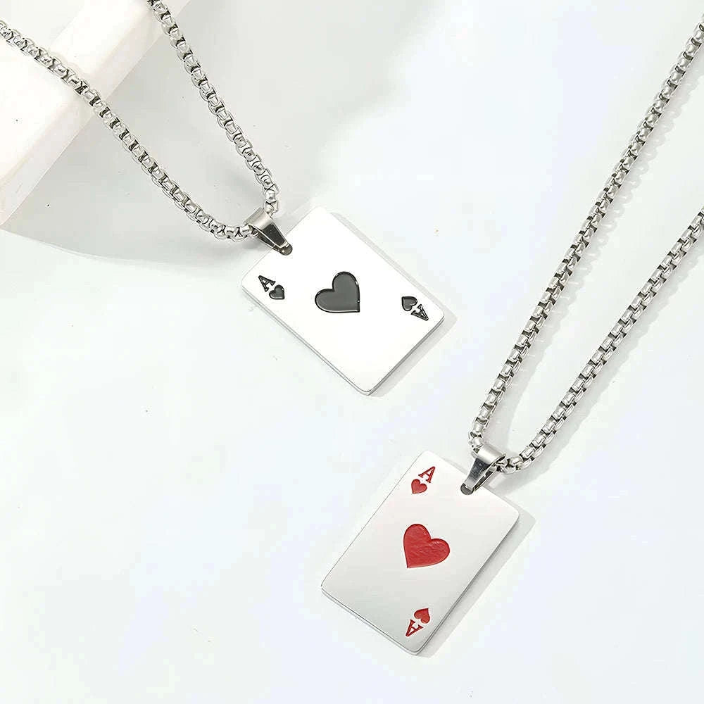 Hip Hop Poker Card Necklace for Men, Stainless Steel-Ace of spades