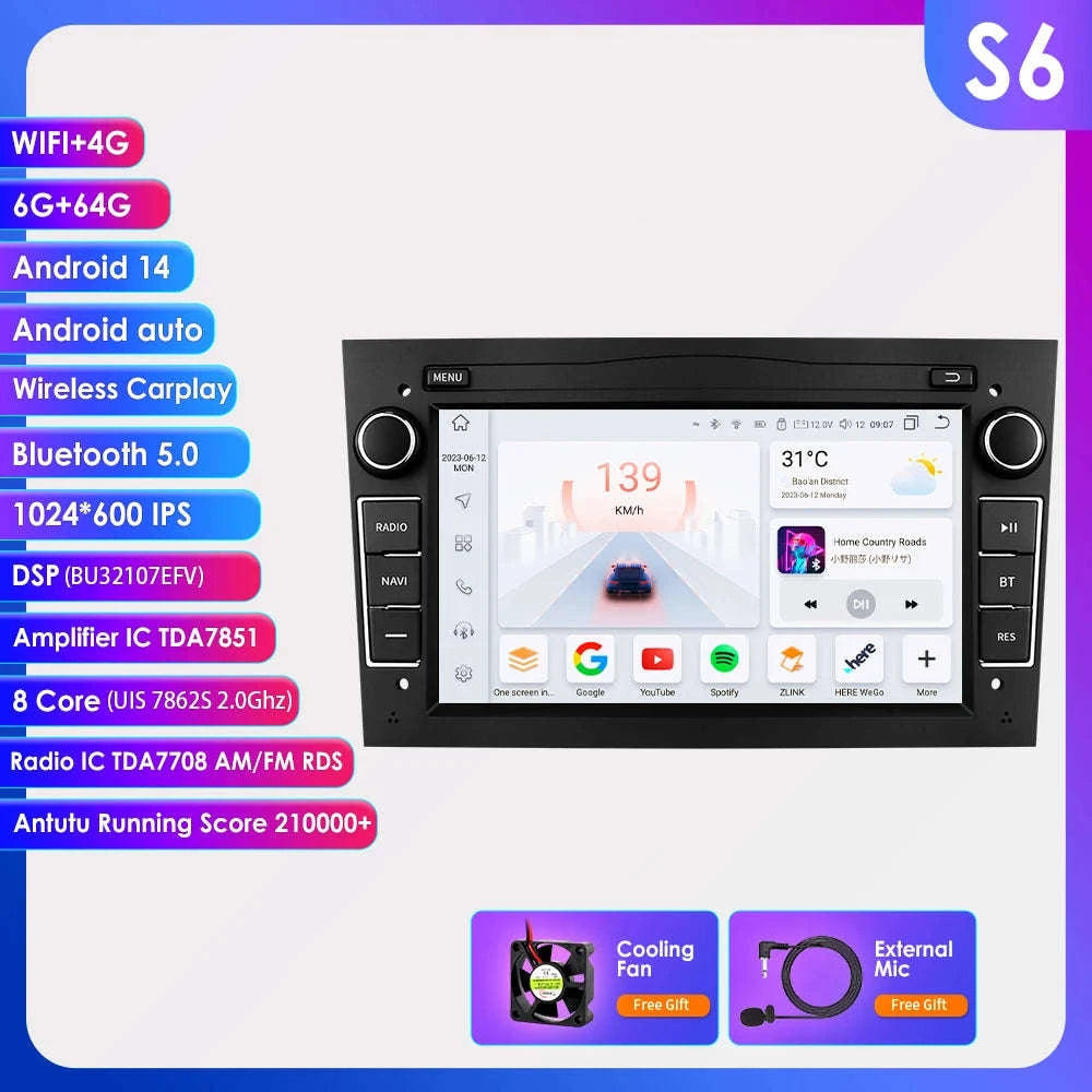HIZPO 7-Inch Android Car Radio with CarPlay for Opel-S6 Black / france