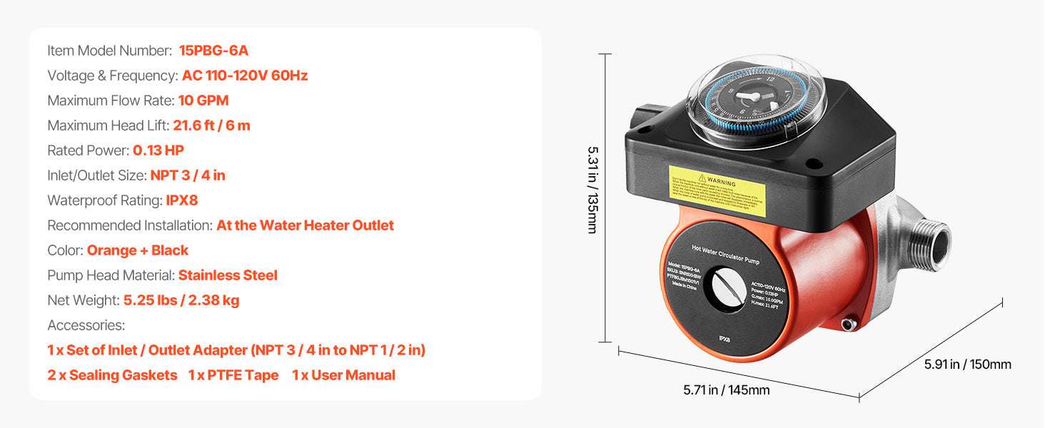 Hot Water Recirculating Pump 10 GPM with Timer 0.13 HP System-With Bypass Valve / United States