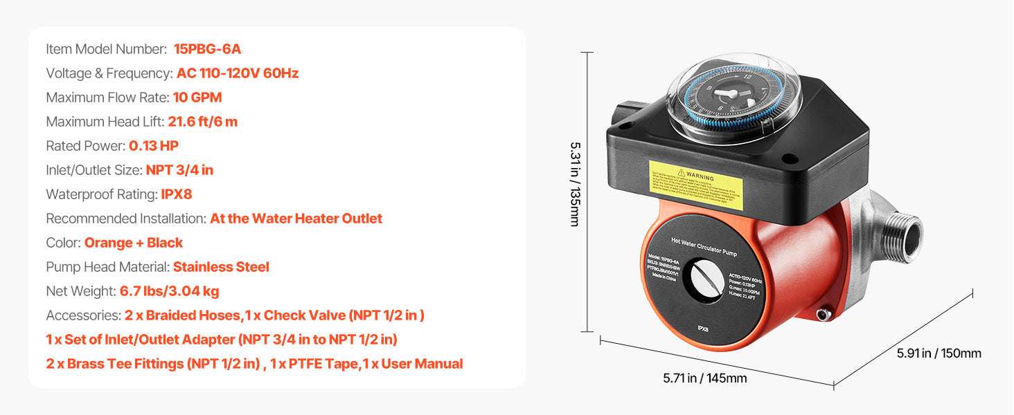 Hot Water Recirculating Pump 10 GPM with Timer 0.13 HP System-With Bypass Valve / United States