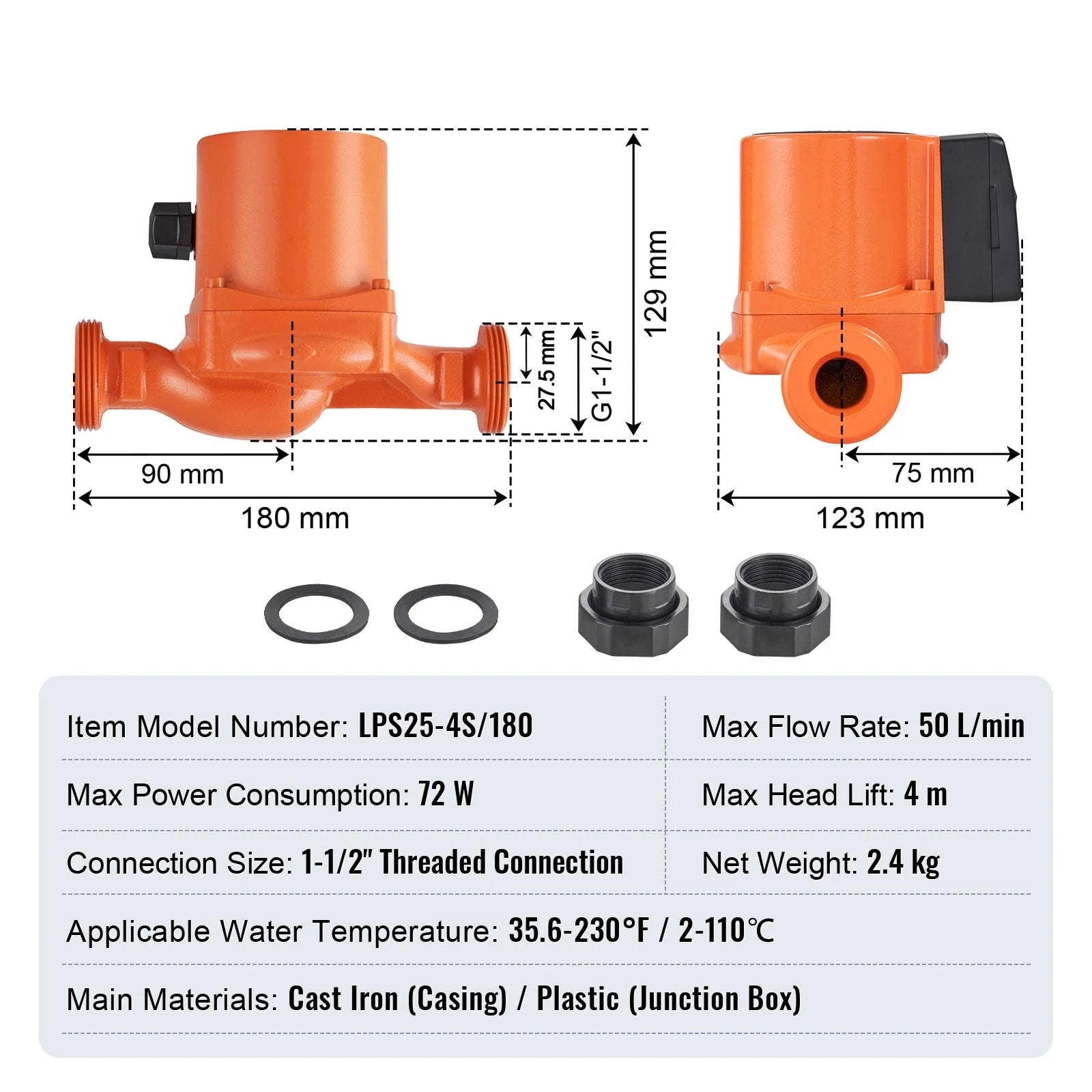 Hot Water Recirculating Pump 220V 3-Speed Quiet Operation-LPS25-4S-180 50LPM / EU / Poland