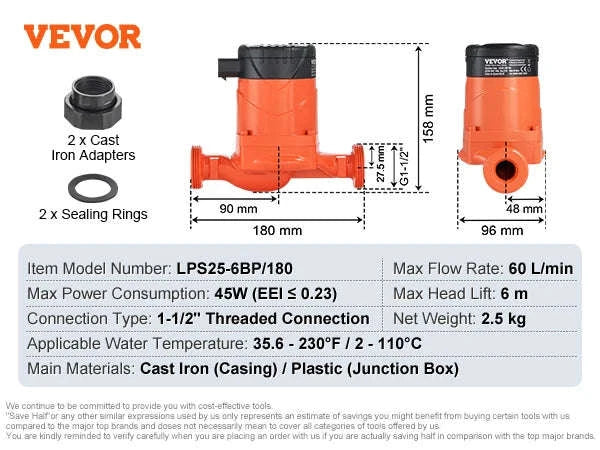 Hot Water Recirculating Pump 50/60/67 L/min 1-1/2" Threaded NPT-67LPM 60W-8m / EU / Germany