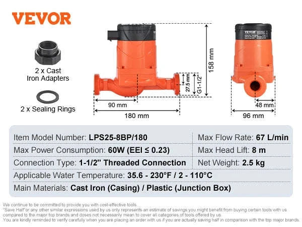 Hot Water Recirculating Pump 50/60/67 L/min 1-1/2" Threaded NPT-67LPM 60W-8m / EU / Germany
