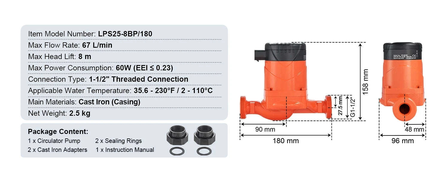 Hot Water Recirculating Pump 50/60/67 L/min 1-1/2" Threaded NPT-67LPM 60W-8m / EU / Germany