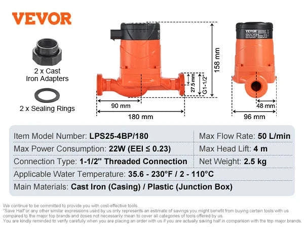 Hot Water Recirculating Pump 50/60/67 L/min 1-1/2" Threaded NPT-67LPM 60W-8m / EU / Germany