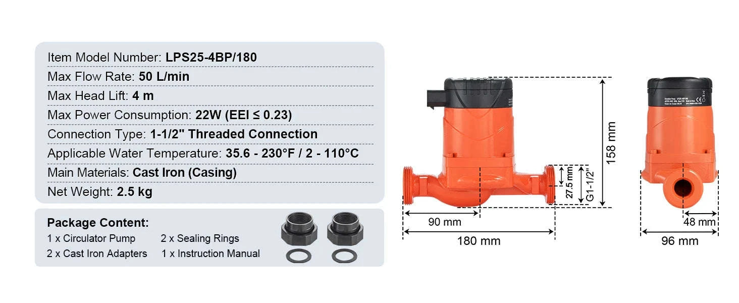 Hot Water Recirculating Pump 50/60/67 L/min 1-1/2" Threaded NPT-67LPM 60W-8m / EU / Germany