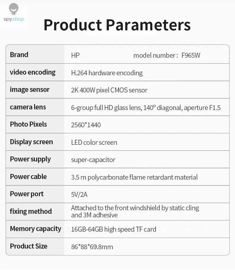 HP F965W Car Dash Cam – 2K Recording, WiFi, Night Vision-(Dual Lens)NoCard