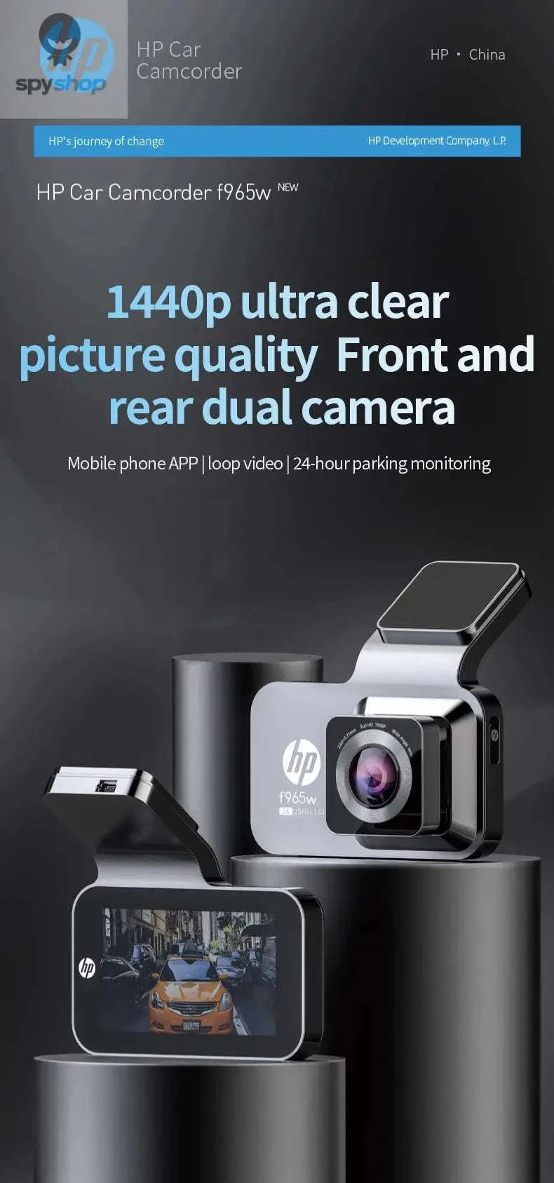HP F965W Car Dash Cam – 2K Recording, WiFi, Night Vision-(Dual Lens)NoCard