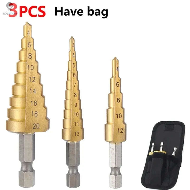 HSS Titanium Coated Step Drill Bit – Smooth Multi‑Size Drilling for Metal and Wood-3PC 4-12 4-12 4-20 / Hexagonal