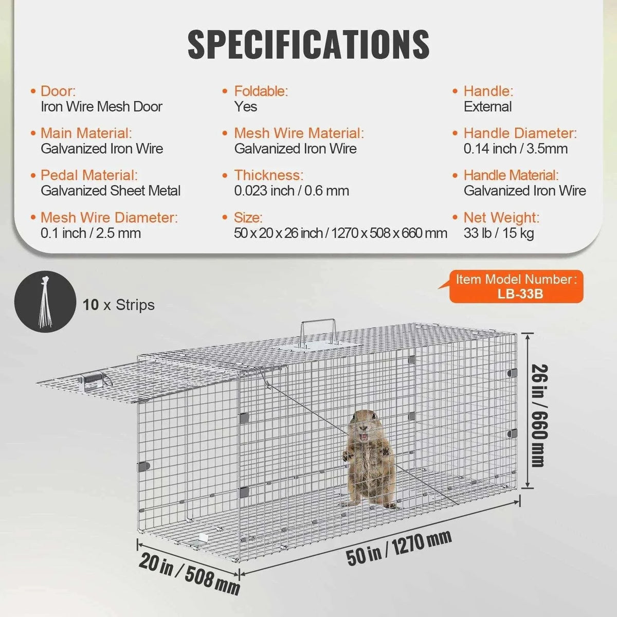 Humane Live Animal Cage Trap Folding Metal Trap with Handle-50 x 20 x 26 inch / United States