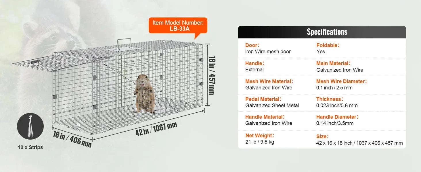 Humane Live Animal Cage Trap Folding Metal Trap with Handle-50 x 20 x 26 inch / United States