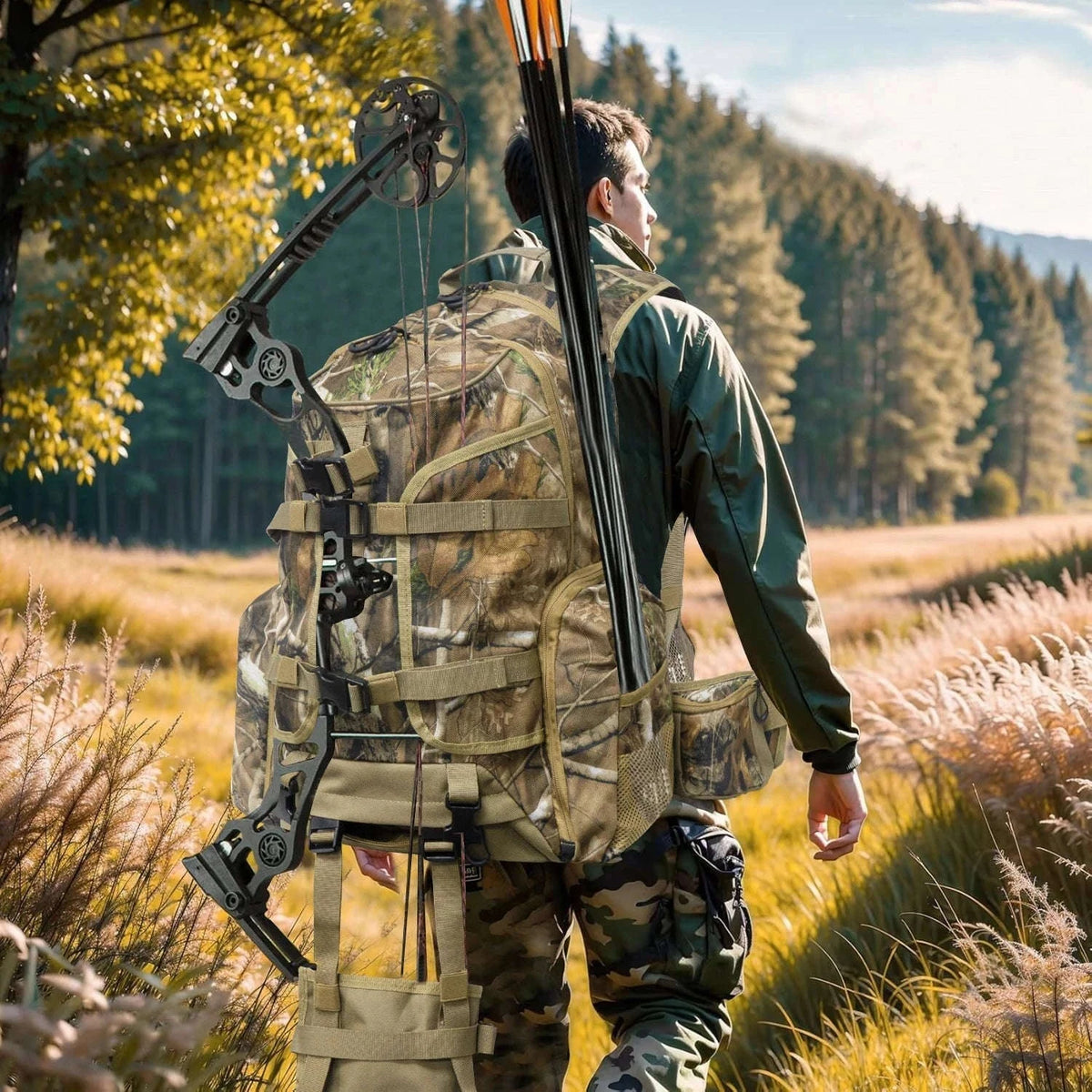 Hunting Backpack with Rifle Holder, 35L Outdoor Carry Pack-Brown