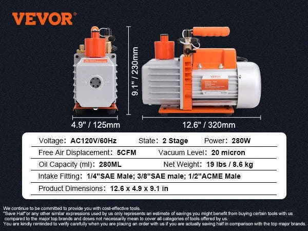 HVAC Vacuum Pump 1 & 2 Stage 3.5–7 CFM AC120V Refrigeration Tool-5CFM 250W 2 Stage / United States