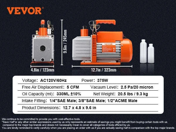 HVAC Vacuum Pump 1 & 2 Stage 3.5–7 CFM AC120V Refrigeration Tool-5CFM 250W 2 Stage / United States
