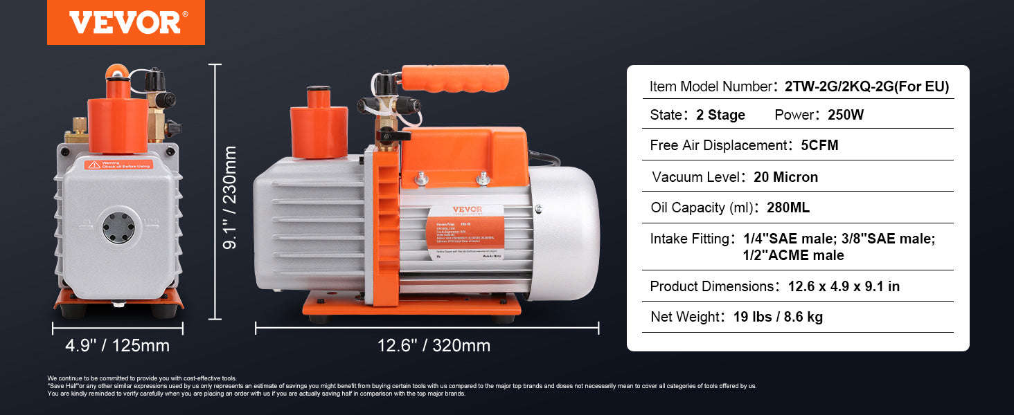 HVAC Vacuum Pump 1 & 2 Stage 3.5–7 CFM AC120V Refrigeration Tool-5CFM 250W 2 Stage / United States