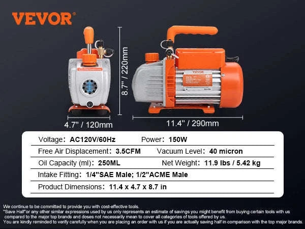 HVAC Vacuum Pump 1 & 2 Stage 3.5–7 CFM AC120V Refrigeration Tool-5CFM 250W 2 Stage / United States