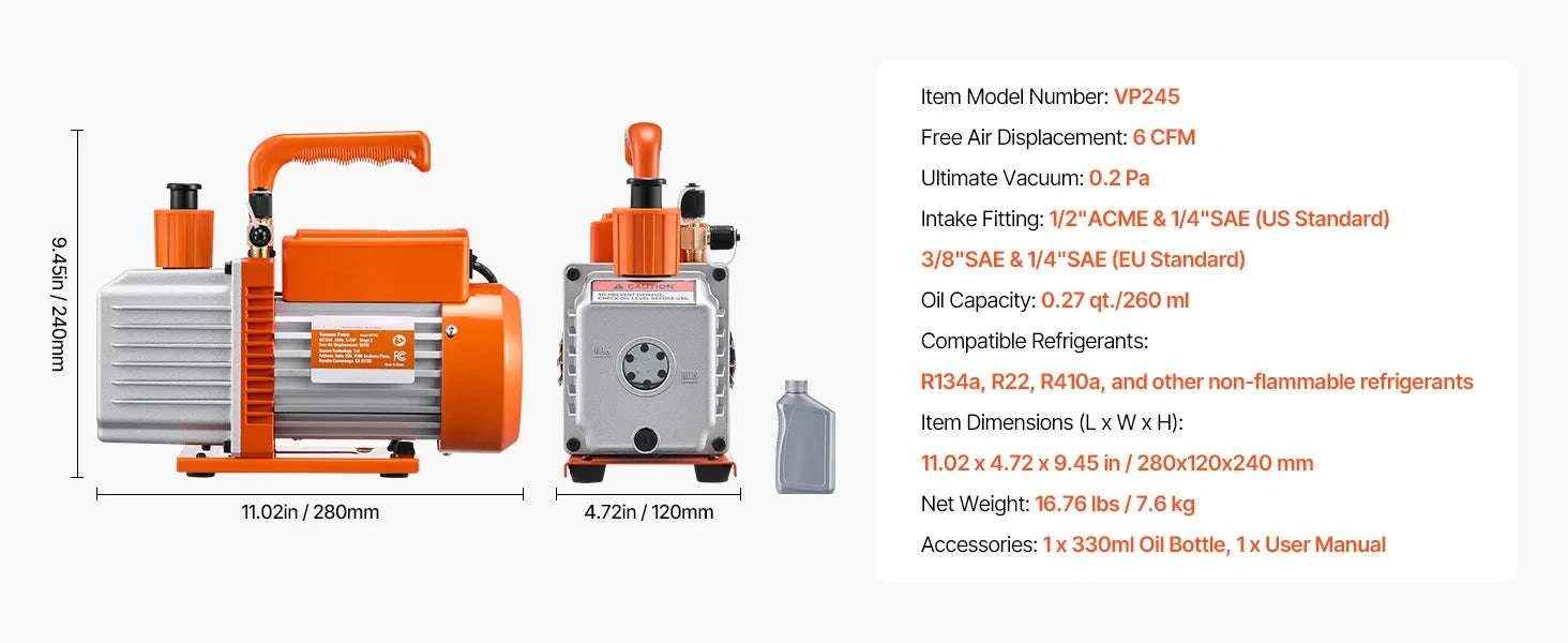 HVAC Vacuum Pump 3.5–9 CFM Single & Dual Stage for AC Systems-5CFM 1-2HP 1 Stage / EU / CZECH REPUBLIC