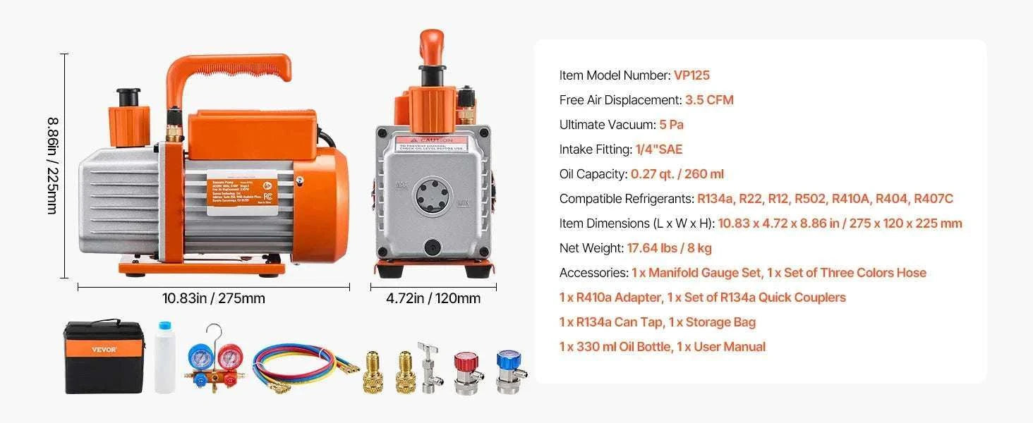 HVAC Vacuum Pump & Gauge Set 3.5/4.5 CFM with Hoses Kit-4.5CFM 1-3HP R410a / EU / france