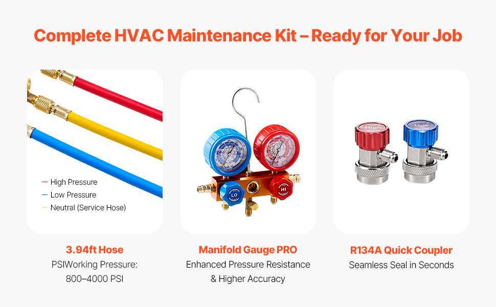 HVAC Vacuum Pump & Gauge Set 3.5/4.5 CFM with Hoses Kit-4.5CFM 1-3HP R410a / EU / france
