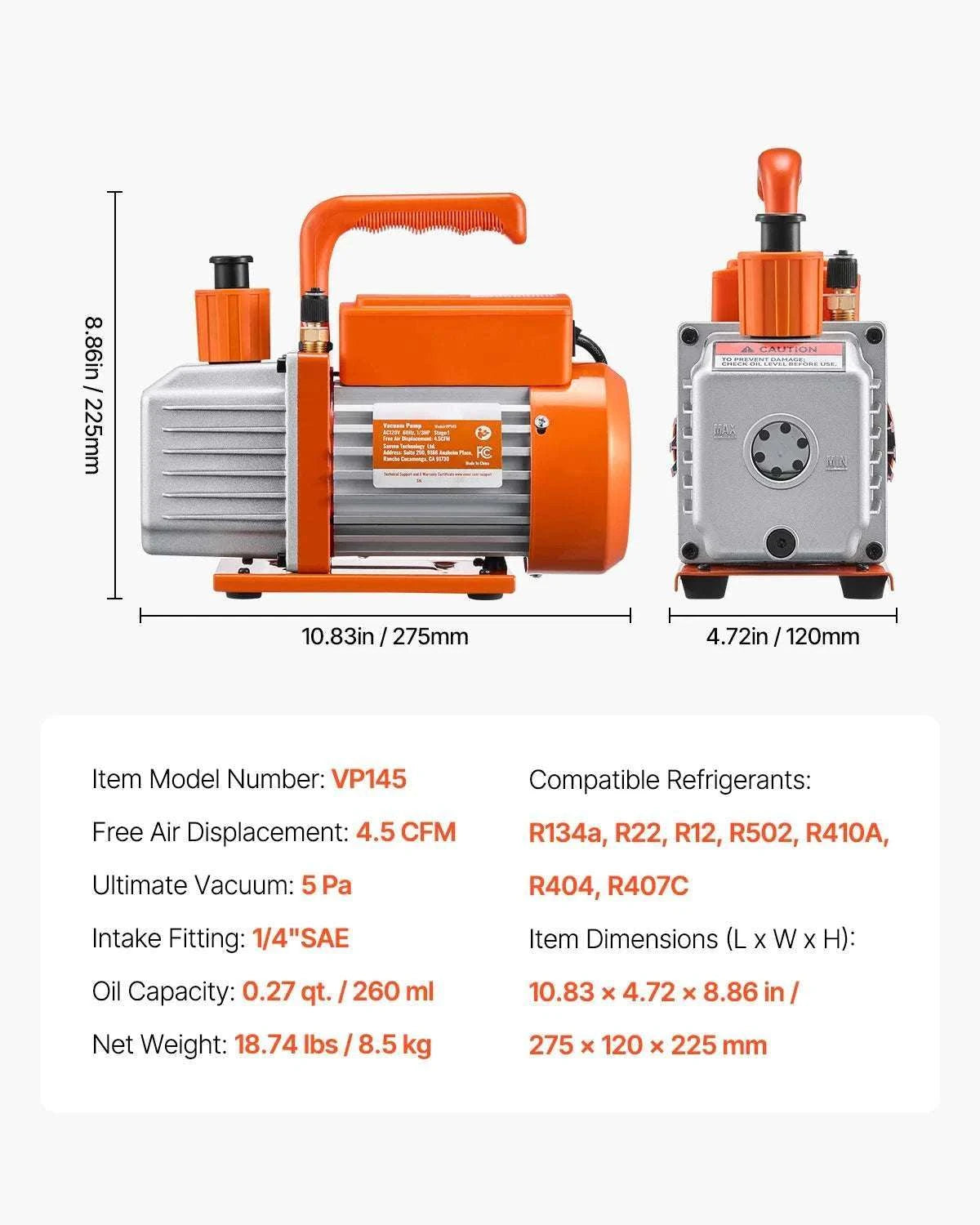 HVAC Vacuum Pump & Gauge Set 3.5/4.5 CFM with Hoses Kit-4.5CFM 1-3HP R410a / EU / france