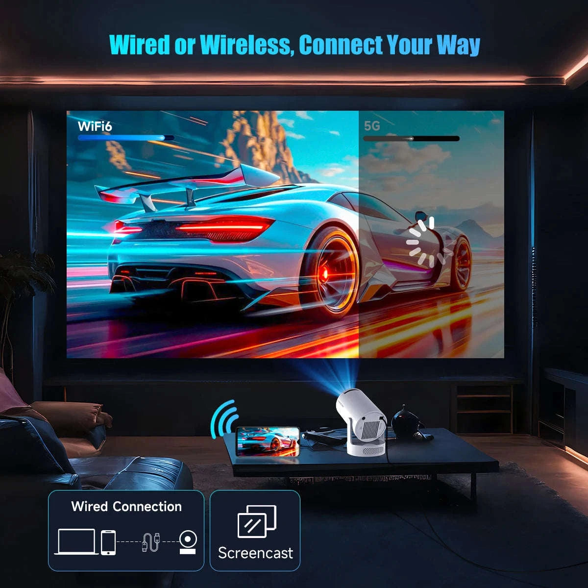 HY300 Pro Mini Projector 720P Android WiFi 6 BT5.4 Home Theater-ProNewWhite-Voice RC / US Plug / United States