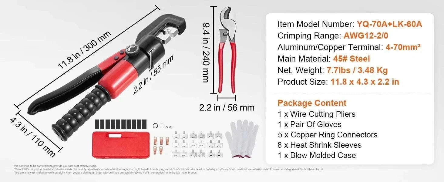 Hydraulic Cable Crimping Tool AWG12-2/0 with 9 Dies & Cutter Kit-United States