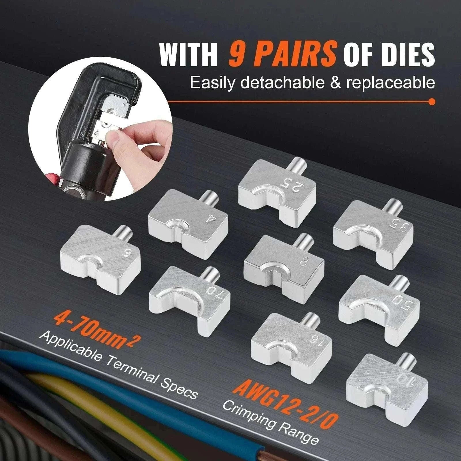 Hydraulic Cable Crimping Tool AWG12-2/0 with 9 Dies & Cutter Kit-United States