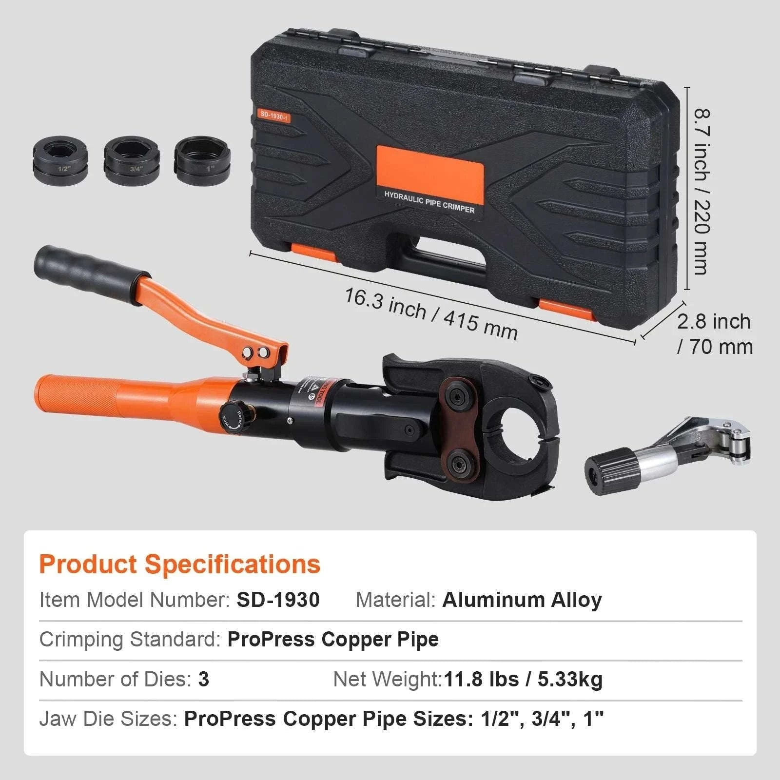 Hydraulic Copper Pipe Crimping Tool with 3 Dies for Tight Spaces-3 Dies / United States