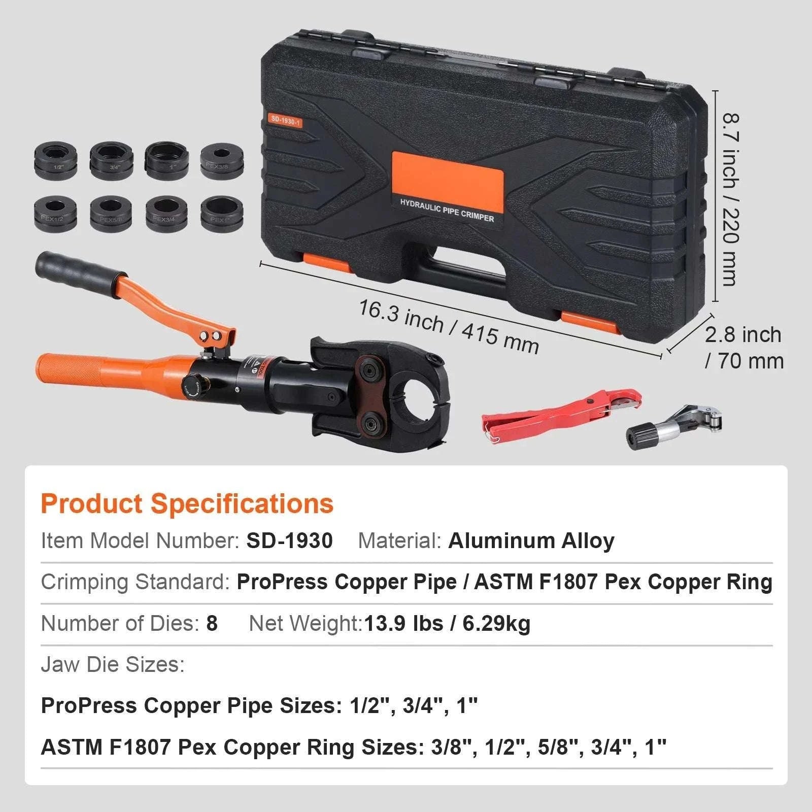 Hydraulic Copper Pipe Crimping Tool with 8 Dies for PEX Rings-8 Dies / United States