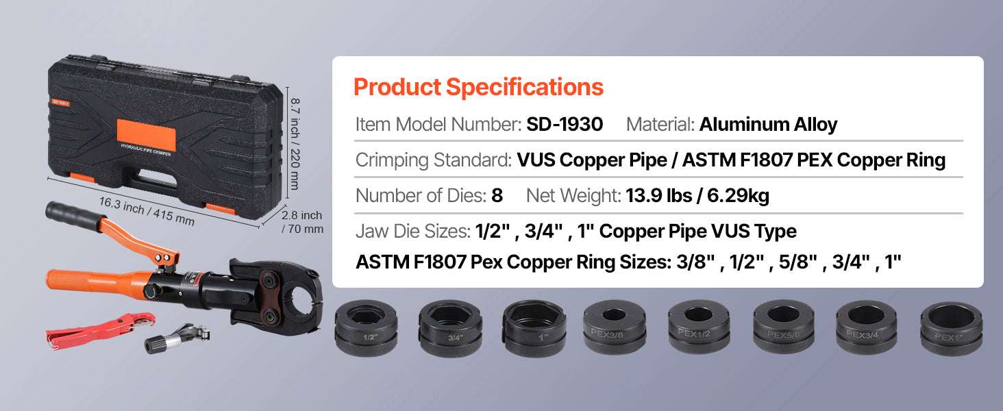 Hydraulic Copper Pipe Crimping Tool with 8 Dies for PEX Rings-8 Dies / United States