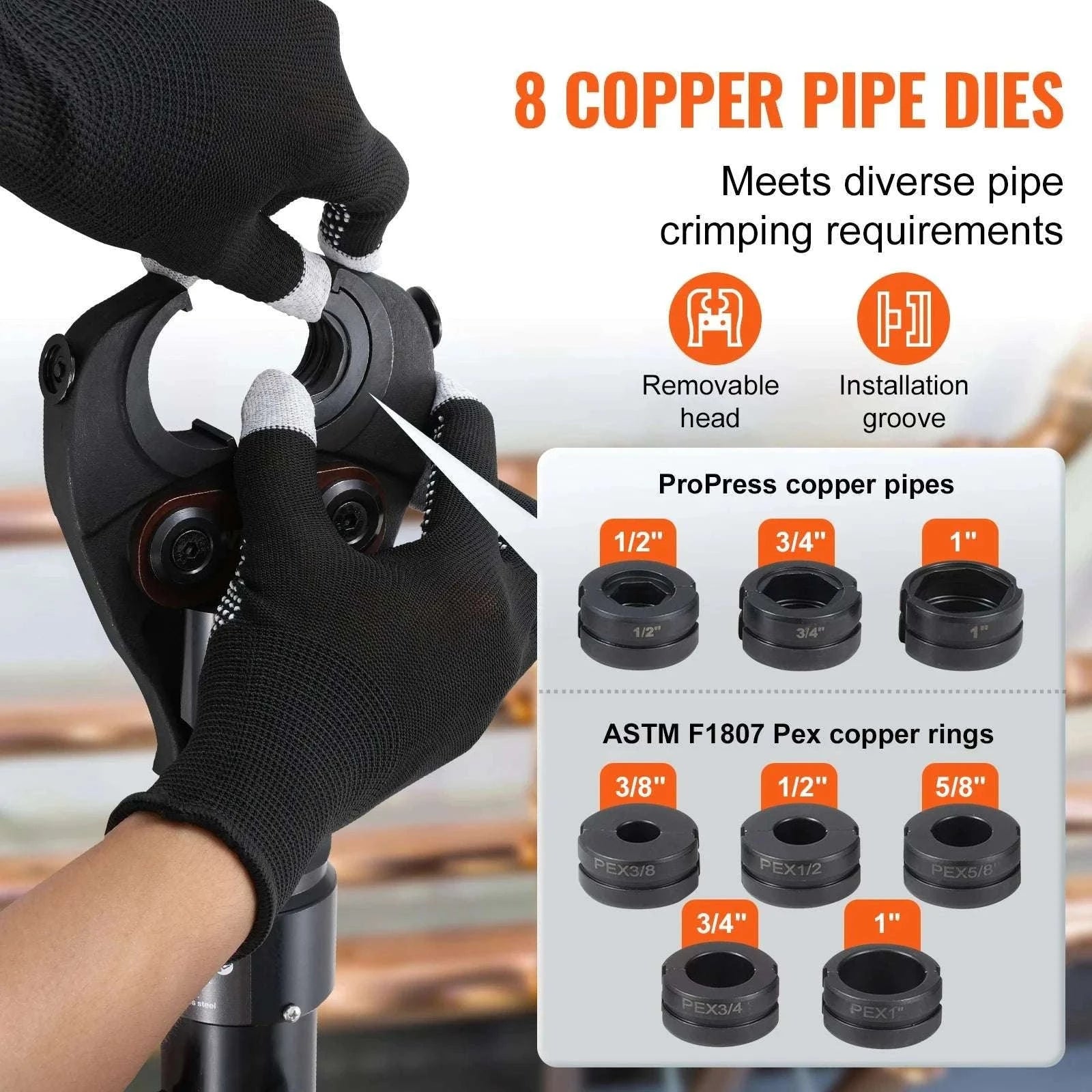 Hydraulic Copper Pipe Crimping Tool with 8 Dies for PEX Rings-8 Dies / United States
