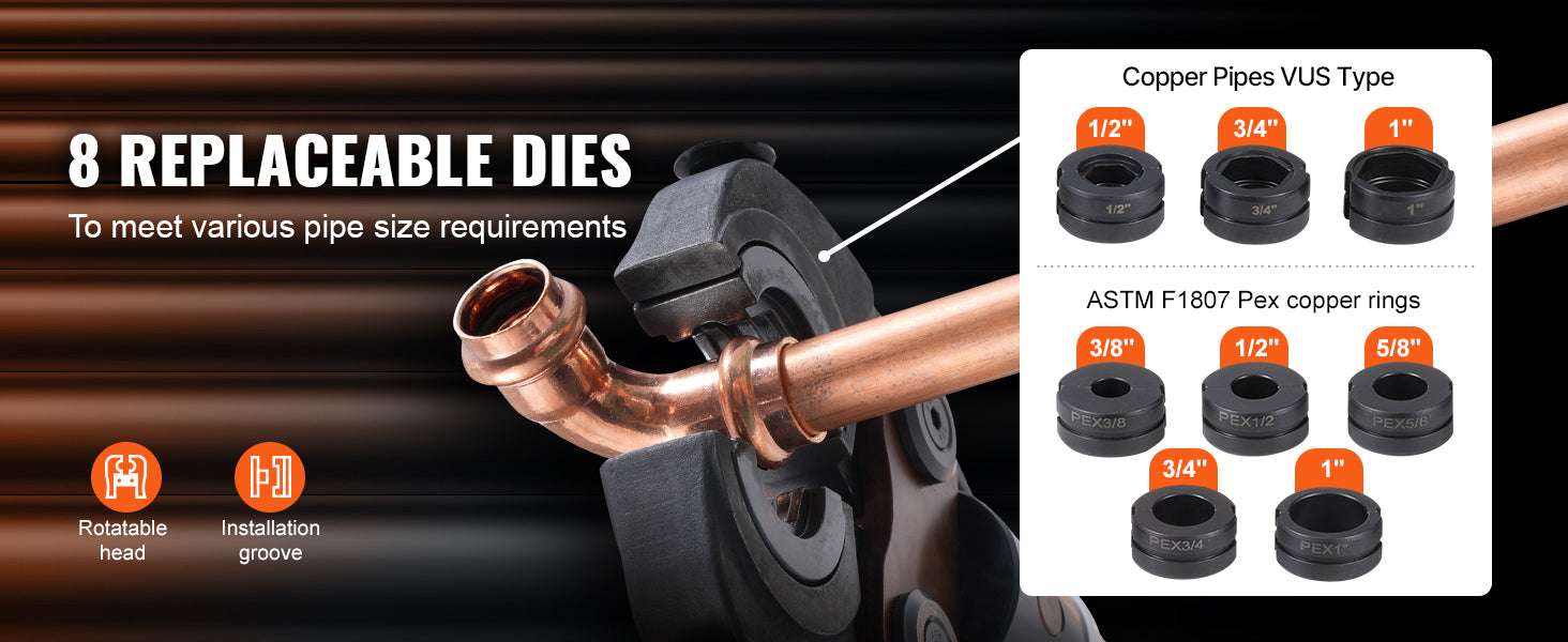 Hydraulic Copper Pipe Crimping Tool with 8 Dies for PEX Rings-8 Dies / United States