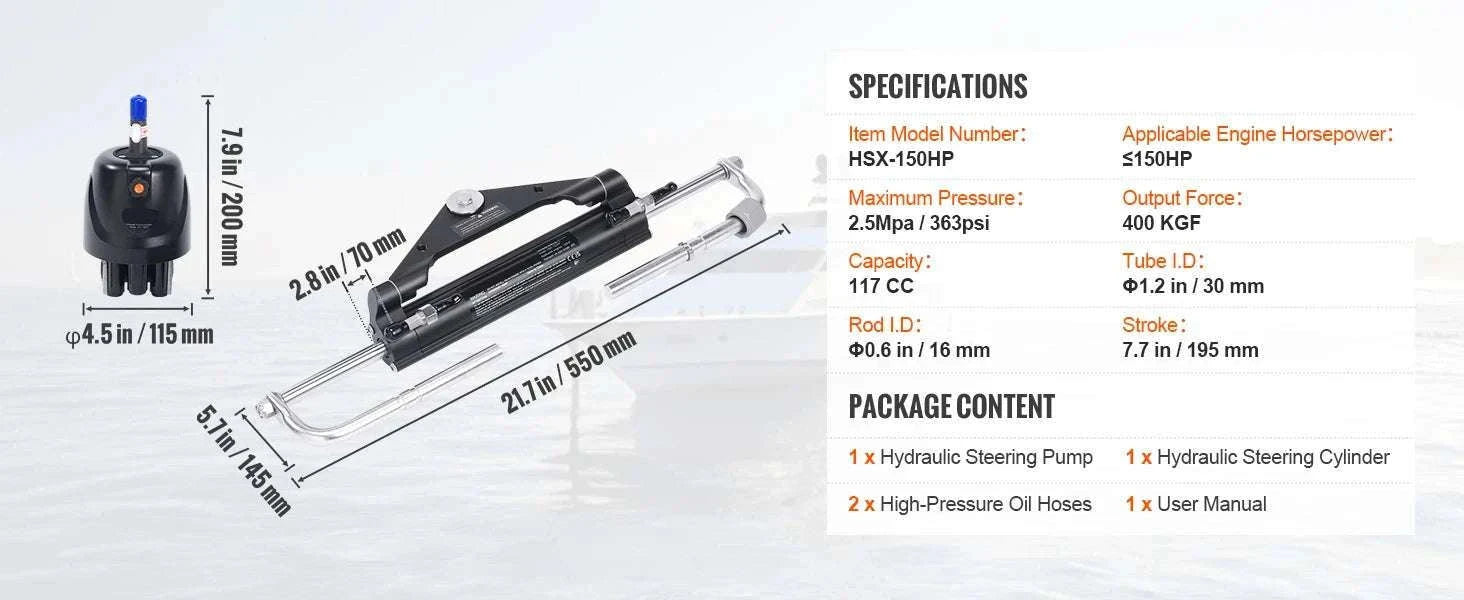 Hydraulic Outboard Steering Kit 90HP–300HP with Pump & 24/26FT Hoses-300HP 26FT / spain