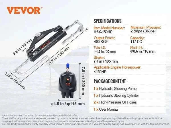 Hydraulic Outboard Steering Kit 90HP–300HP with Pump & 24/26FT Hoses-300HP 26FT / spain