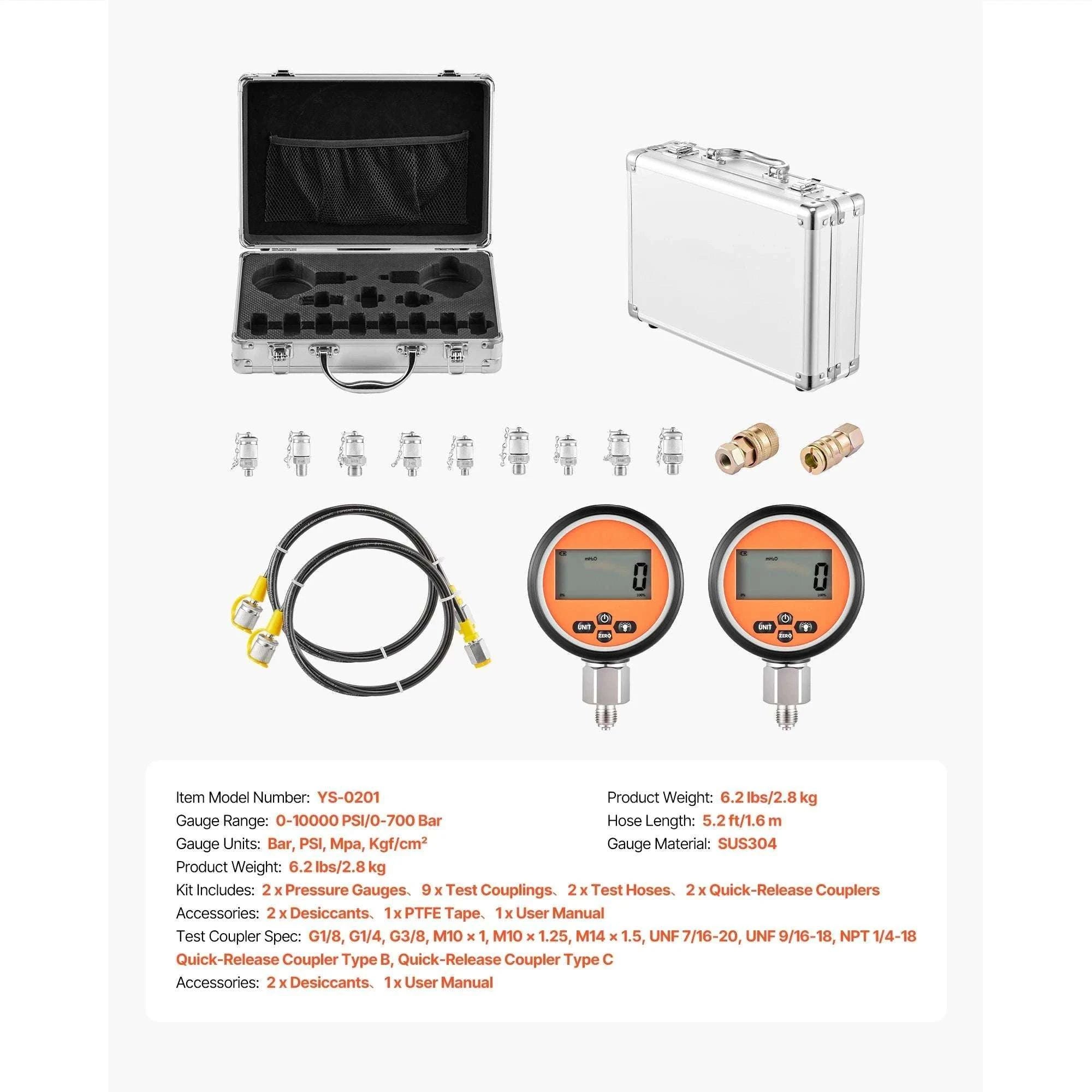 Hydraulic Pressure Test Kit with 5 Gauges, 20 Couplings & Hoses-YS-0201 / United States