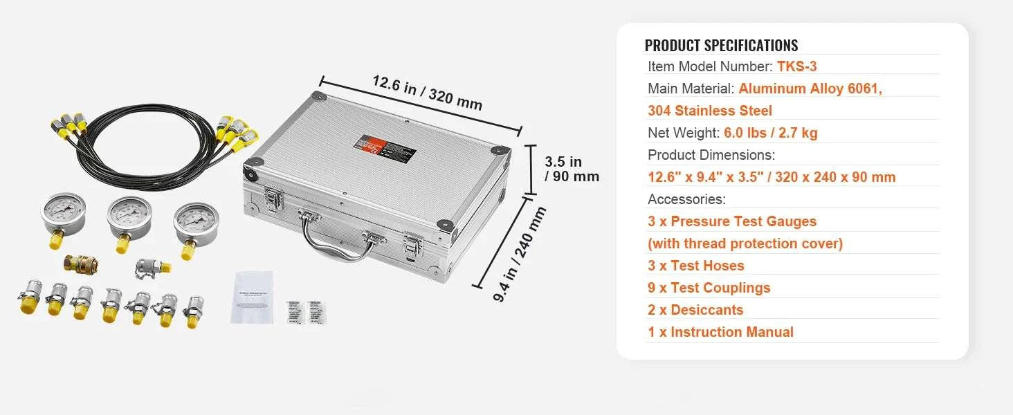 Hydraulic Pressure Test Kit with 5 Gauges for Excavators & Machinery-3heads 9pieces / United States