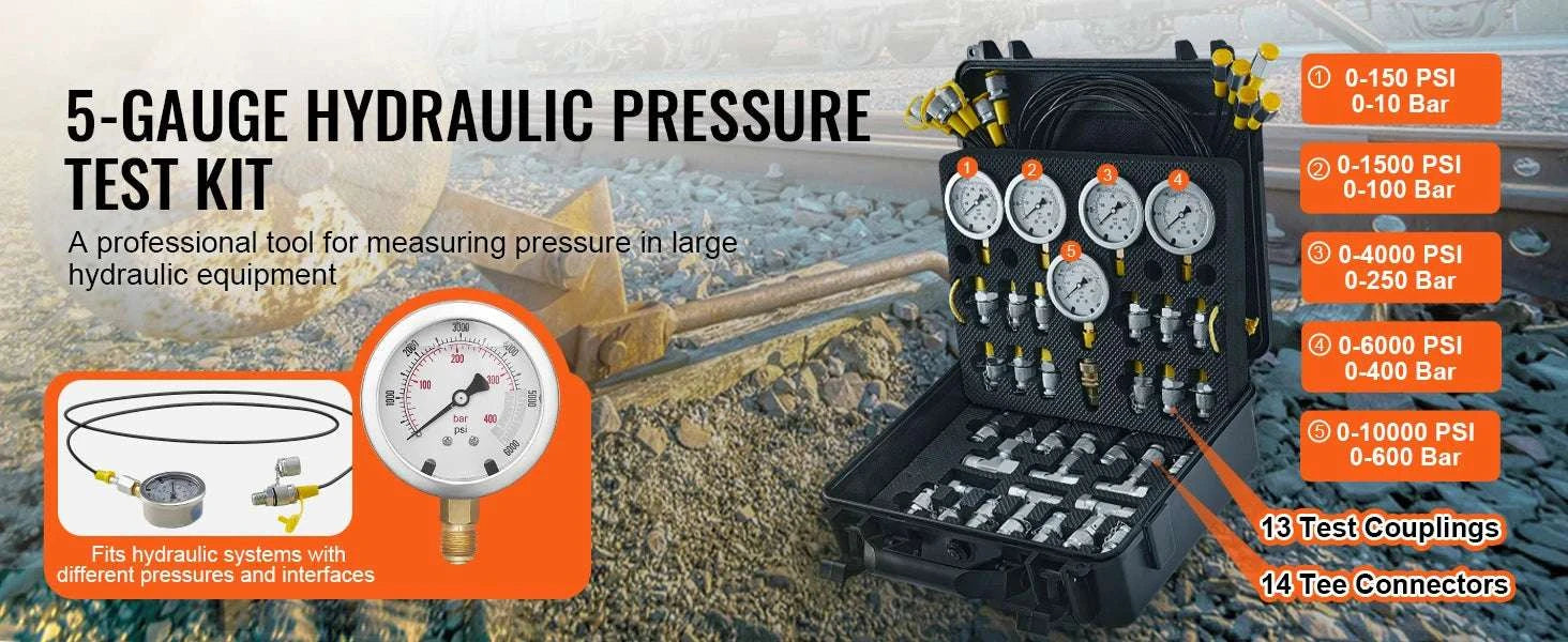 Hydraulic Pressure Test Kit with 5 Gauges for Excavators & Machinery-3heads 9pieces / United States