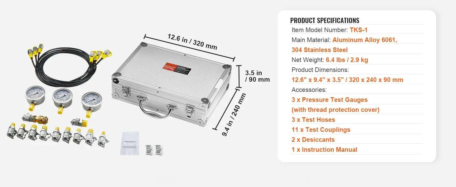 Hydraulic Pressure Test Kit with 5 Gauges for Excavators & Machinery-3heads 9pieces / United States
