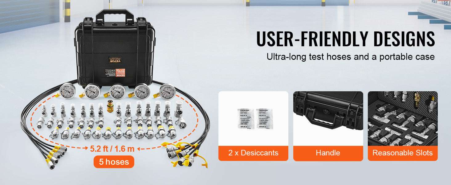 Hydraulic Pressure Test Kit with 5 Gauges for Excavators & Machinery-3heads 9pieces / United States