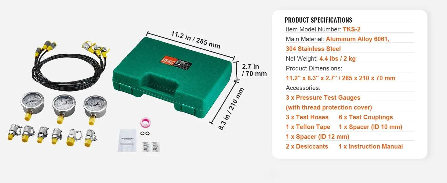 Hydraulic Pressure Test Kit with 5 Gauges for Excavators & Machinery-3heads 9pieces / United States