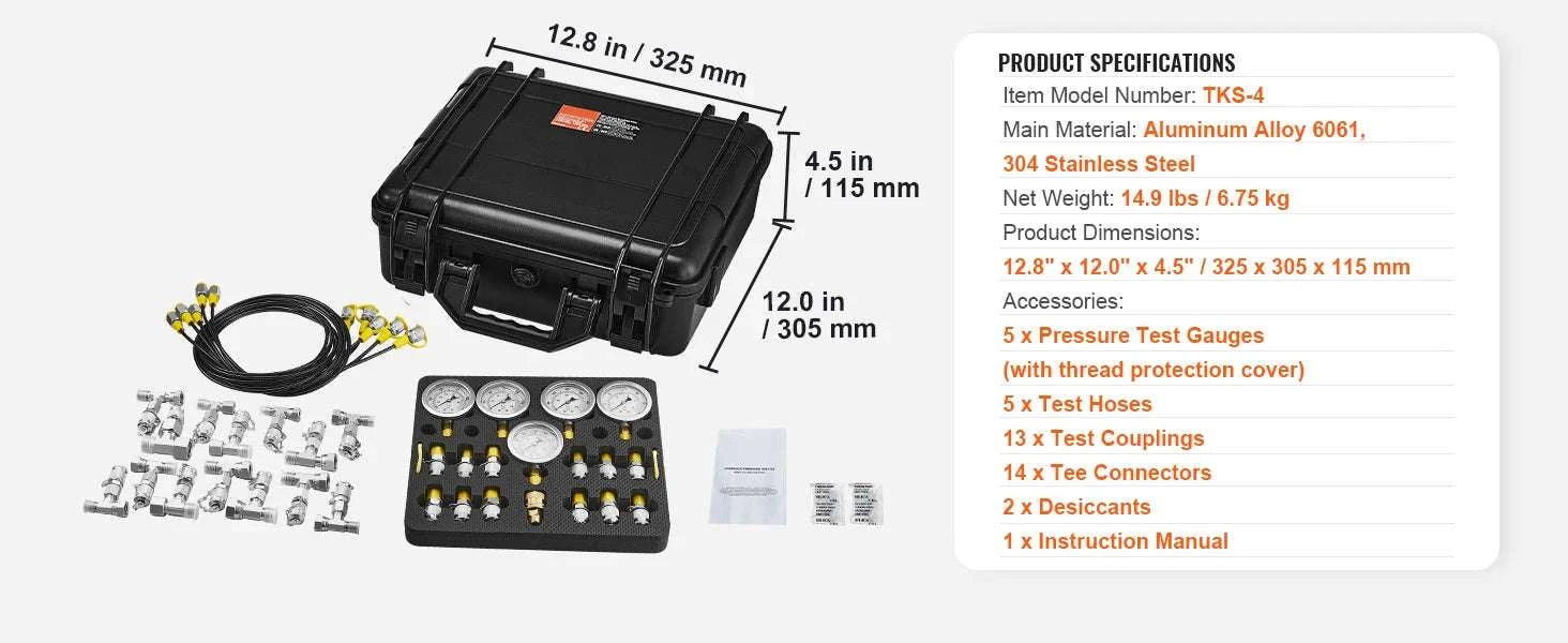 Hydraulic Pressure Test Kit with 5 Gauges for Excavators & Machinery-3heads 9pieces / United States