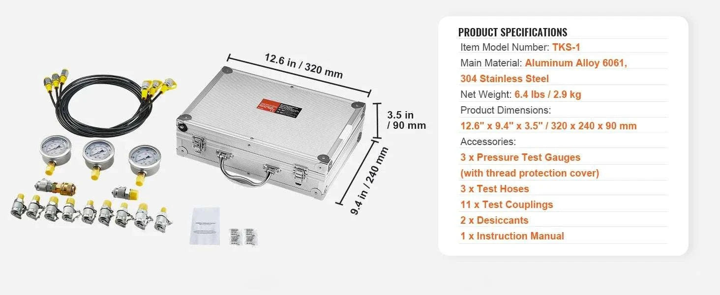 Hydraulic Pressure Test Kit with 5 Gauges for Excavators & Machinery-3heads 9pieces / United States